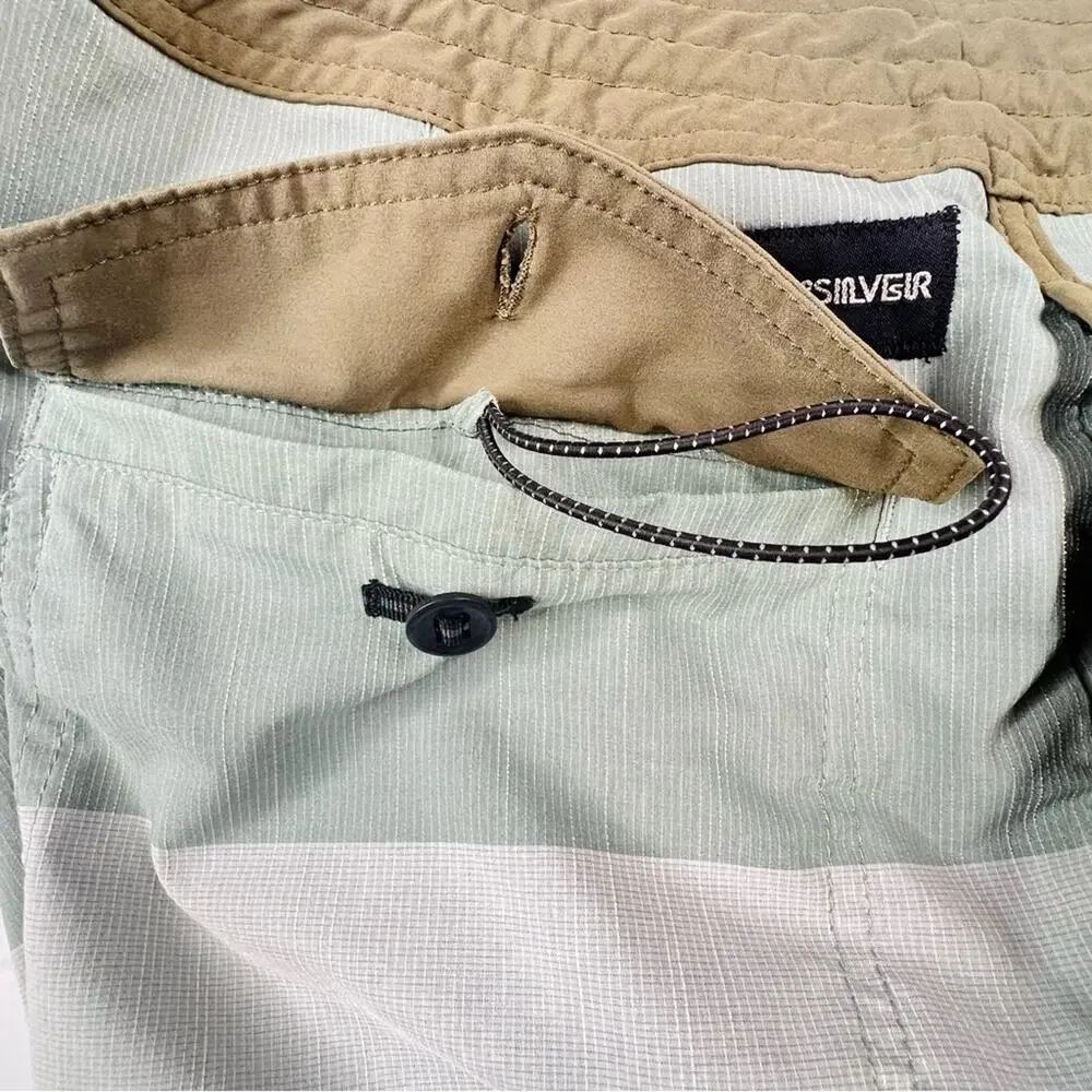Quiksilver Mens Boardshorts 38 Sage Green Colorblock Stripe Swim Shorts Stretch